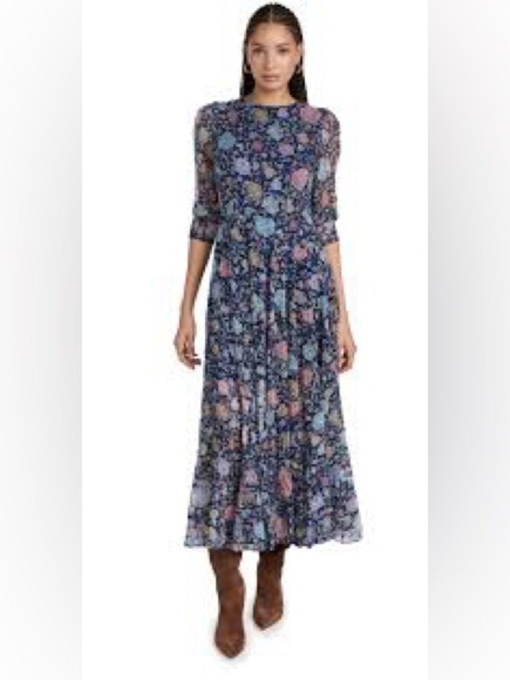 NWT. Rixo.  Women's Blue Kristen Tiered Floral-Print Crepon Maxi Dress
